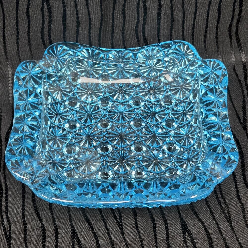 Vintage Blue Daisy & Button Glass Ashtray Square Scalloped Pressed Glass